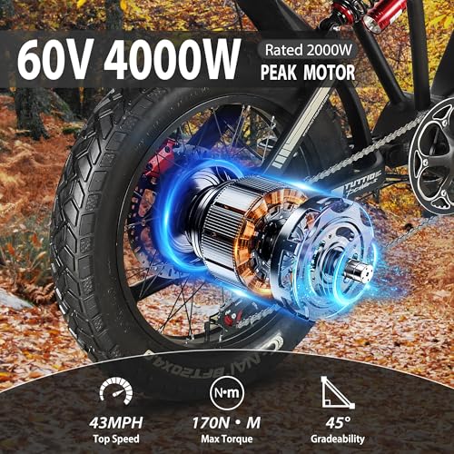 TUTTIO ICT Electric-Bike for Adults Age 16+, Peak 4000W-60V-25AH Electric-Dirt-Bike, 43-49MPH, 20" Fat-Tire-Electric-Motorcycle, Full Suspension E-Bike for Mountain Snow Off-Road School