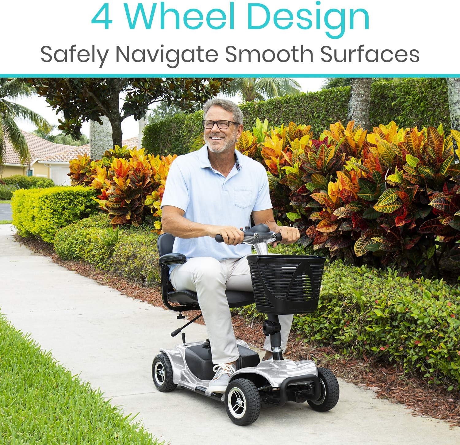 Vive 4 Wheel Mobility Scooter - Electric Powered Wheelchair Device - Compact Heavy Duty Mobile for Travel, Adults, Elderly - Long Range Power Extended Battery with Charger and Basket Included