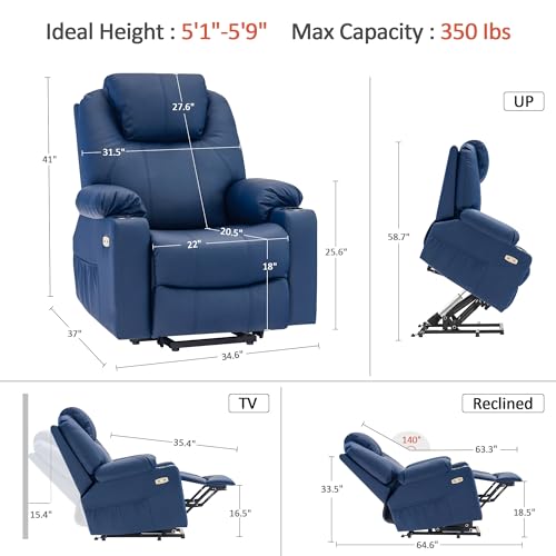 MCombo Power Lift Recliner Chair for Elderly, Lift Chair with Heat and Massage, FSC Certified, USB Ports, Cup Holders, Faux Leather 7040 (Black, Medium)
