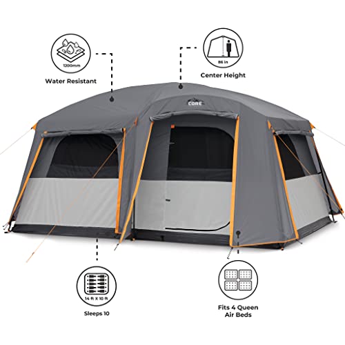 CORE Tent for Family Camping | 10 Person / 11 Person / 12 Person Large Multi Room Cabin Tents for Car Camping & Outdoor Adventures