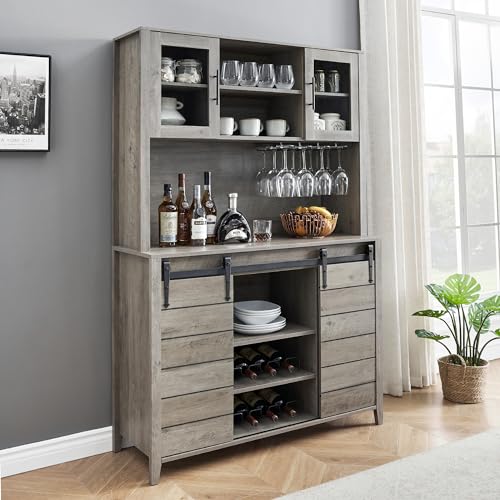 70" Farmhouse Coffee Bar Wine Cabinet with Sliding Barn Doors and Storage, Tall Kitchen Hutch with Wine & Glasses Rack, Pantry Cabinet for Kitchen, Dining Room, White
