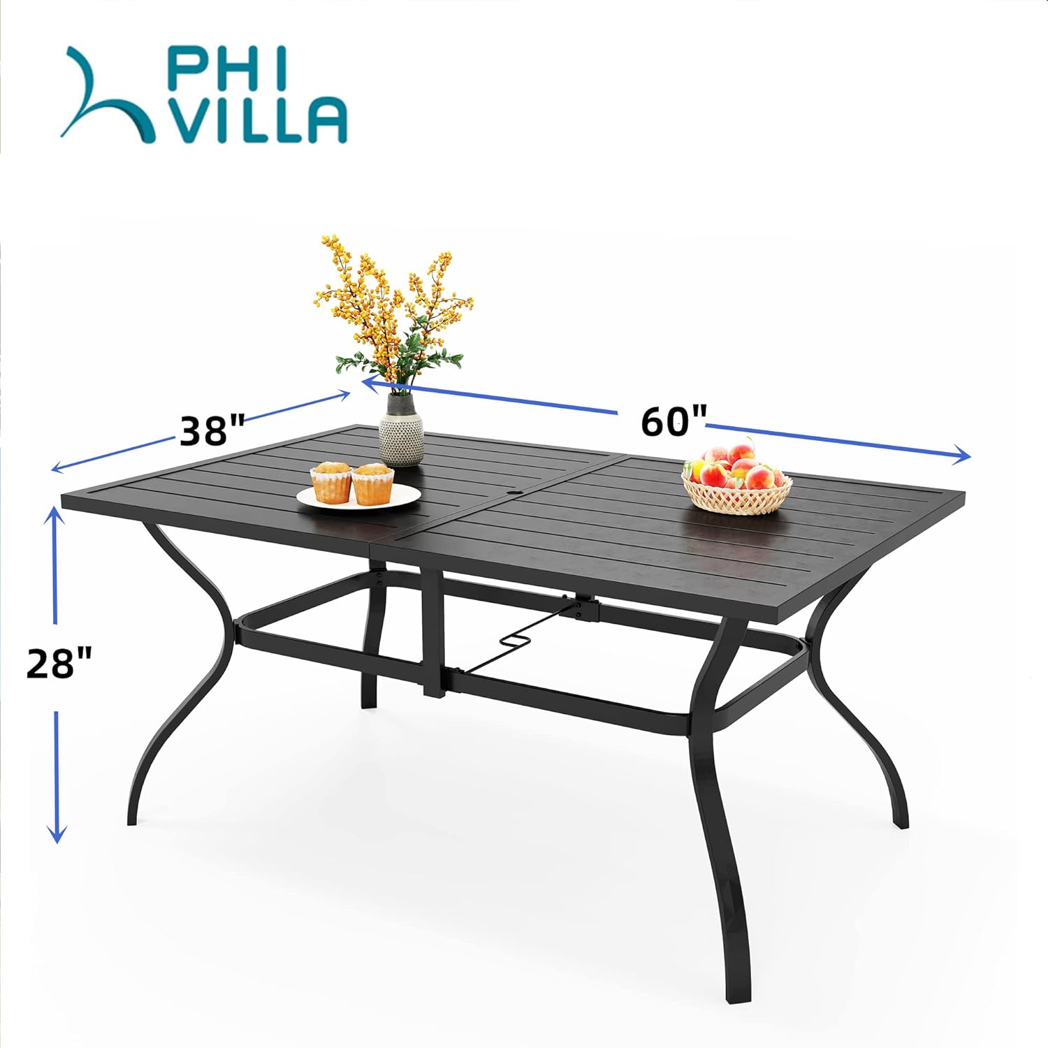 PHI VILLA Patio Dining Table for 6 Outdoor Patio Table 60" x 38" Weather-Resistant Rectangular Table for Deck, Garden, Backyard, Black