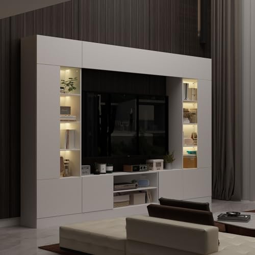 Entertainment Center with Bookshelves Modern Media Center with Open Shelves & Bridge TV Wall Unit with Doors, for Living Room White (81.1”W x 11.8”D x 70.9”H)