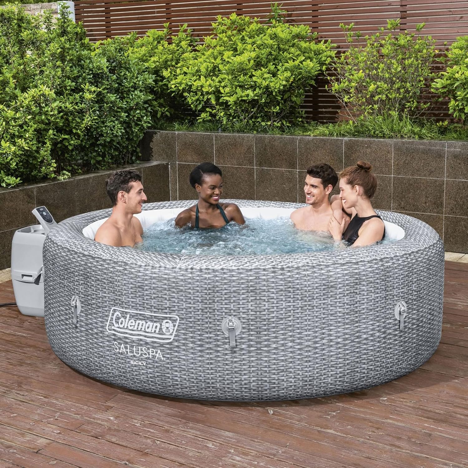 Bestway Coleman Sicily AirJet Inflatable Round Hot Tub with EnergySense Cover & 4 SaluSpa Underwater Non-Slip Pool Spa Seat with Adjustable Legs, Gray