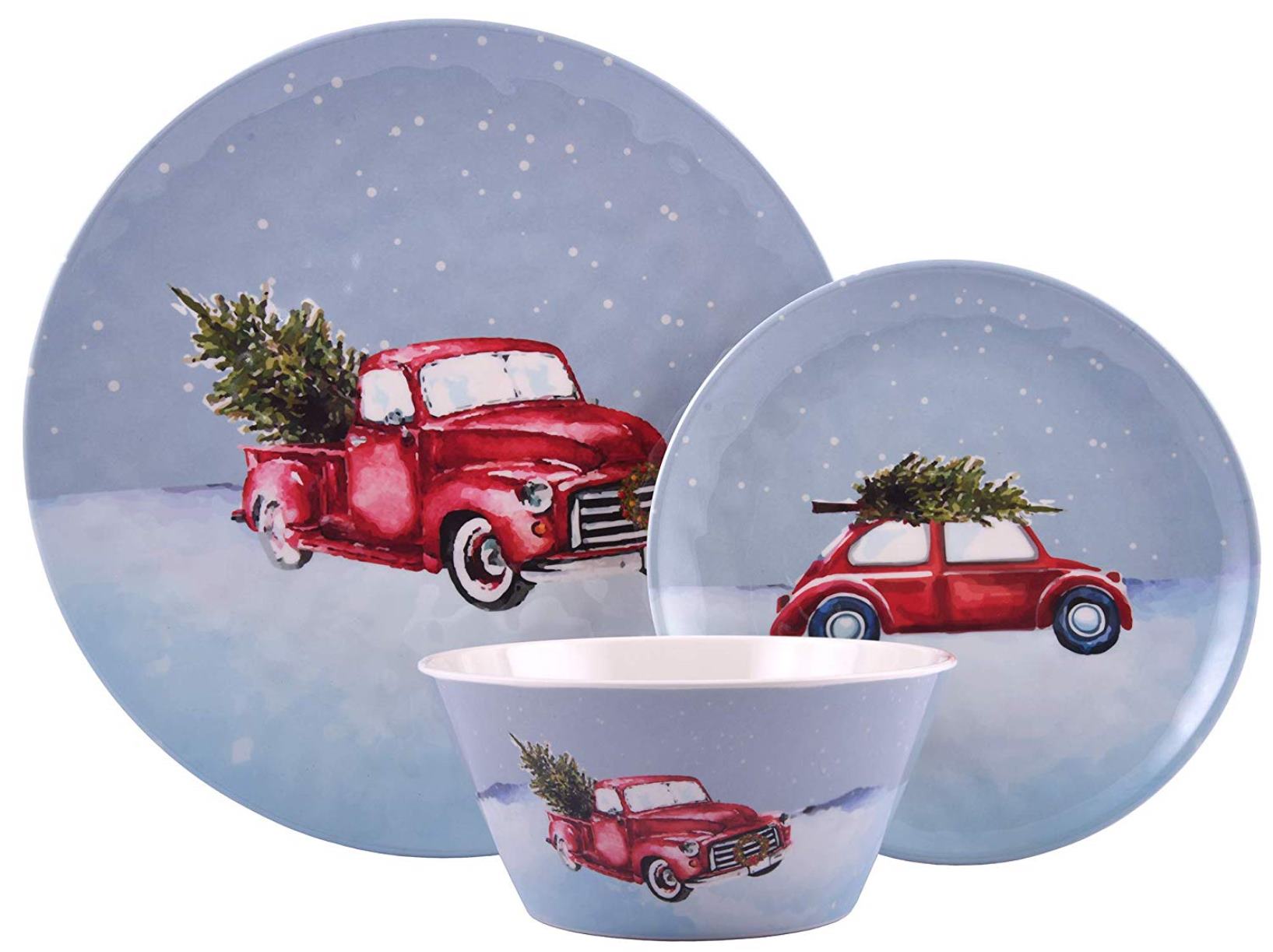 Melange 608410091498 18-Piece 100% Dinnerware Set for 6 Christmas Collection-Tree on Van Shatter-Proof and Chip-Resistant Melamine Dinner Plate, Salad Plate & Soup Bowl (6 Each), 10.5", White