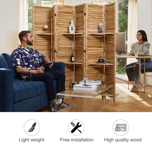 Room Divider with Shelves, 5.6 Ft Tall Folding Wood Screen with Double Hinges for Home Office Bedroom Hotel Decoration (6 Panels, Brown)