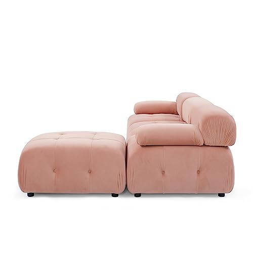 Sleeper Sofa couches Ottoman Cloud Couch Bed Loveseat Living Room Furniture Sturdy Solid Wood Frame Modular Sectional Comfortable Velvet Upholstery Button Tufted Design Pink