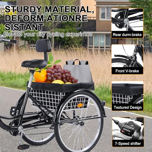 Versatile 24/26-Inch 3-Wheel Adult Tricycle with 7-Speed Gearing and Spacious Basket for Comfortable Riding and Storage for Recreation, Shopping, Picnics