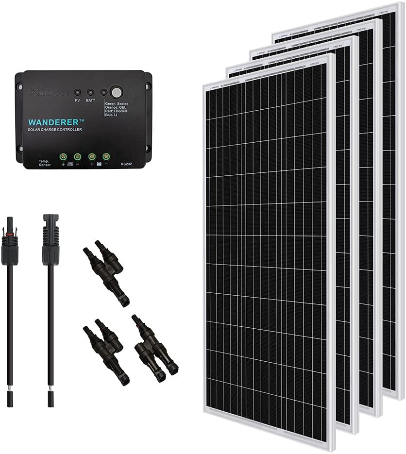 Renogy 400 Watt 12 Volt Monocrystalline Starter Kit with 4 pcs 100W Monocrystalline Solar Panel and 40A Rover MPPT Charge Controller for RV, Boats, Trailer, Camper, Marine, Off-Grid Solar Power System