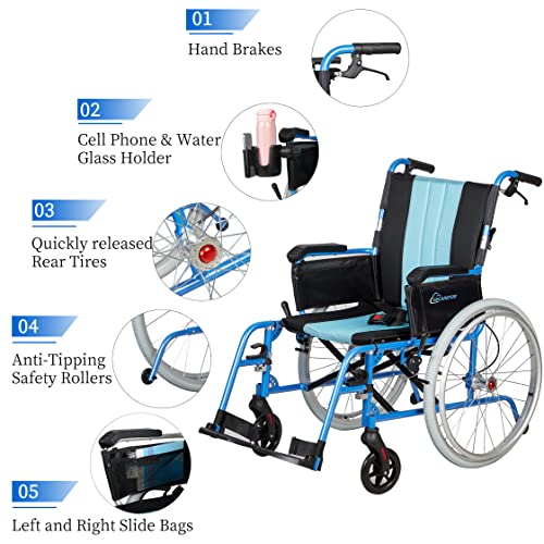 13lbs Lightweight Wheelchair, Self-propelled Wheelchair with 20" Wide Seat, Foldable Portable Wheelchair for Adults with Travel Bag Cell Phone Holder Silver