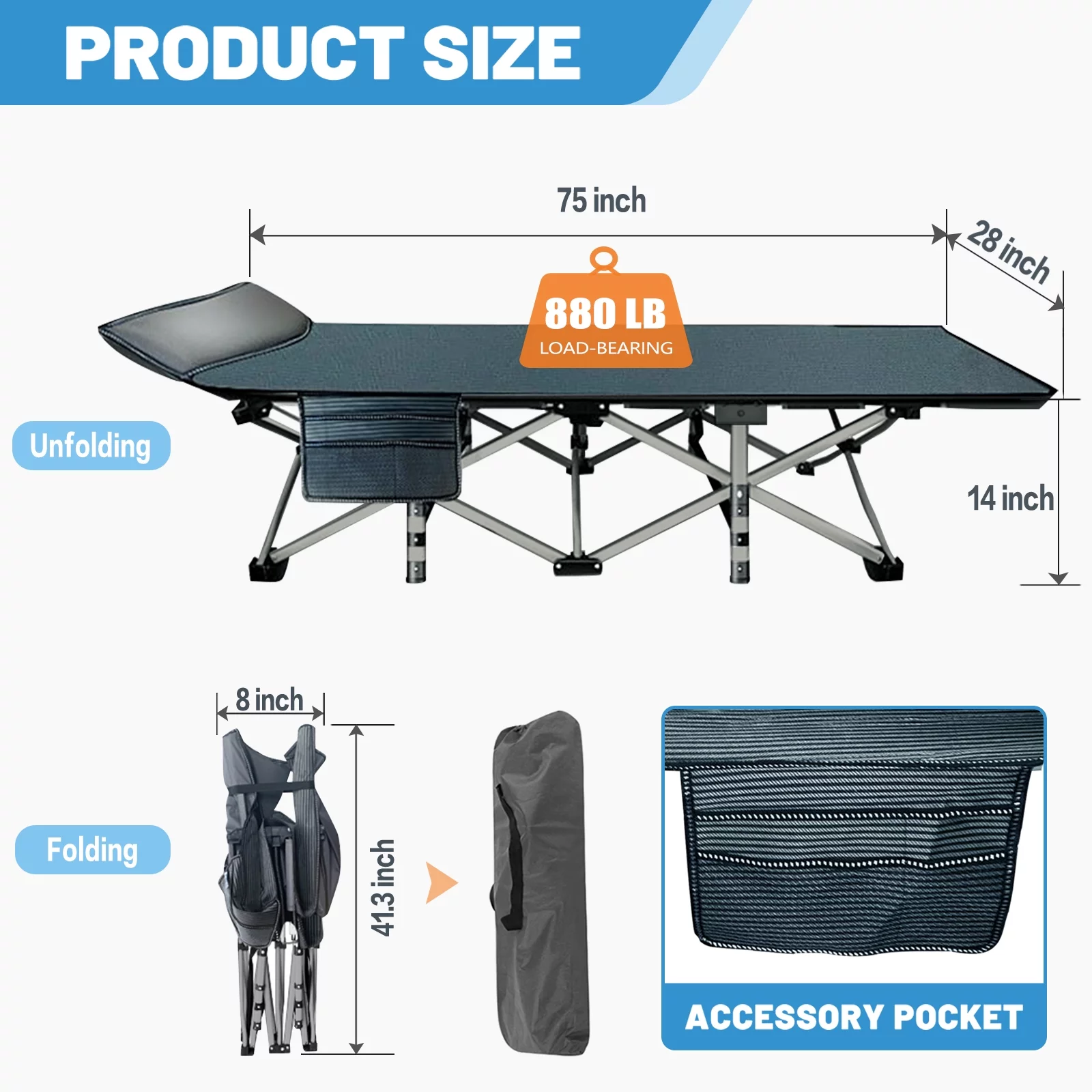 Lilypelle Folding Camping Cot Bed for Adult, Double Layer Oxford Strong Heavy Duty Sleeping Cots with Carry Bag, Portable Travel Camp Cots for Home/Office Nap and Beach Vacation