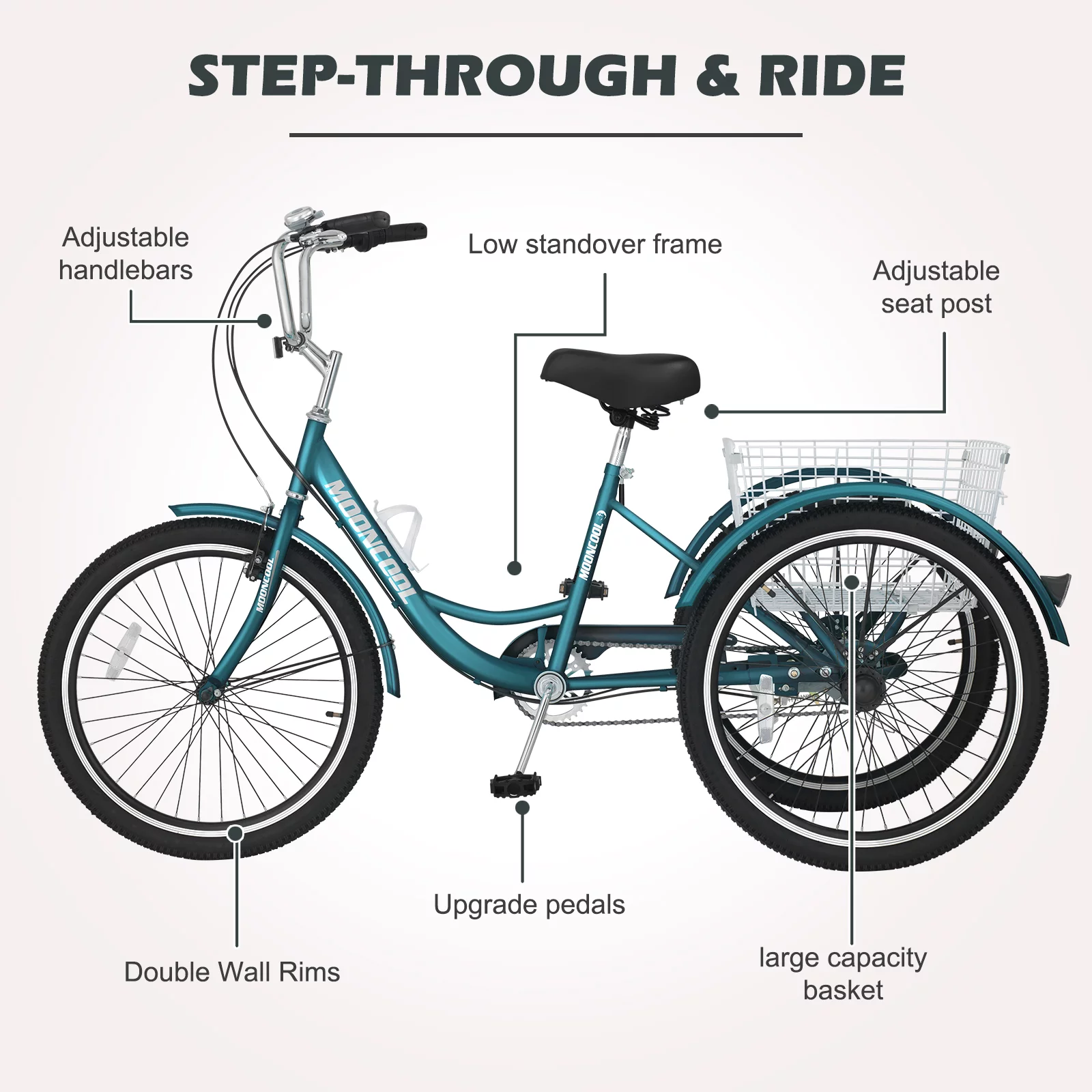 Adult Tricycles Single Speed, Adult Trikes 24 inch 3 Wheel Bikes, Three-Wheeled Bicycles Cruise Trike with Shopping Basket for Seniors, Women, Men
