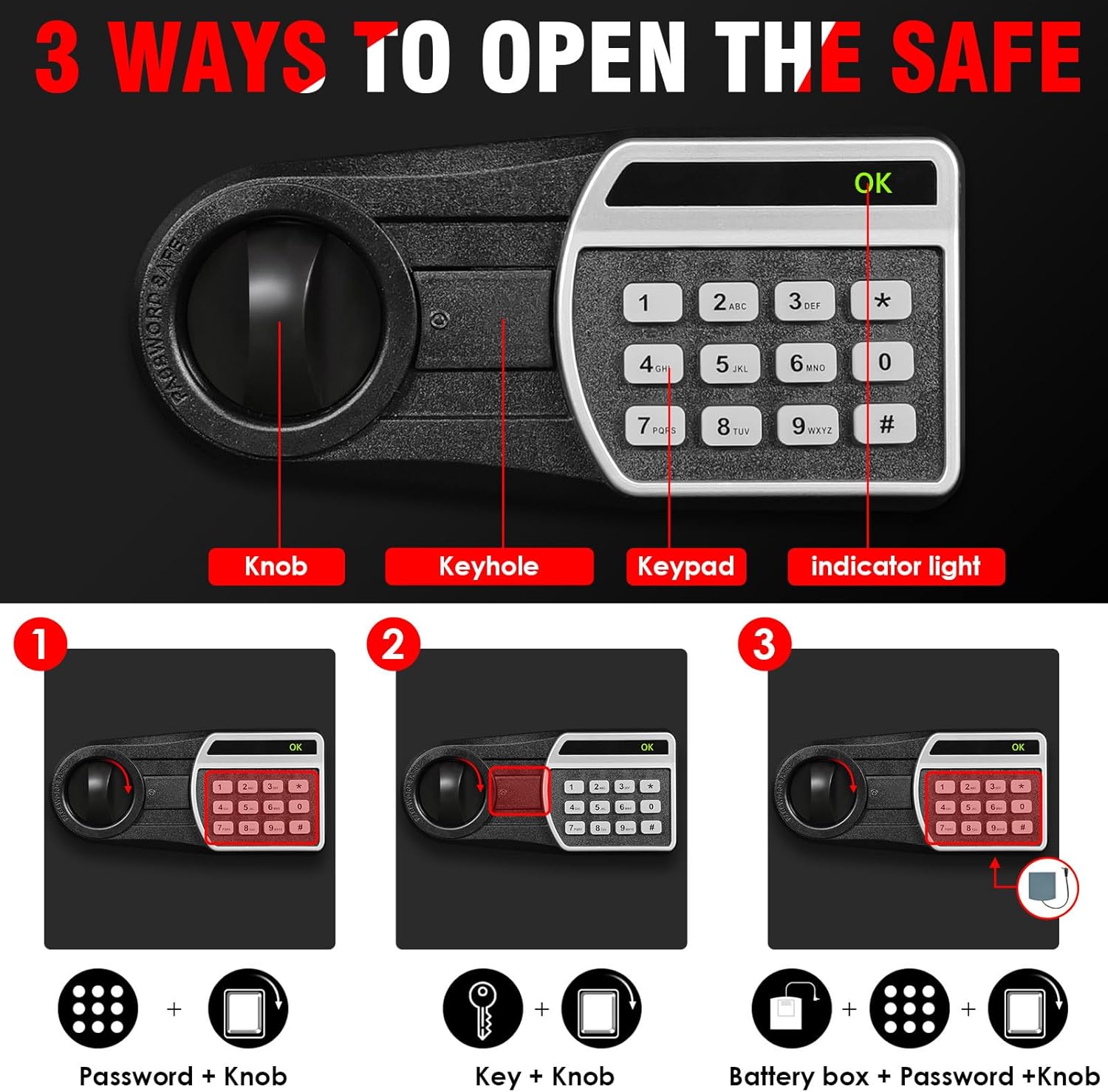 [True to Size] 6.1 CU FT Large Home Safe Box Fireproof Waterproof with Inner Hidden Lock Box- Security Safety Box with Digital Keypad and Key Lock Removable Shelf, Sensor Light for Documents