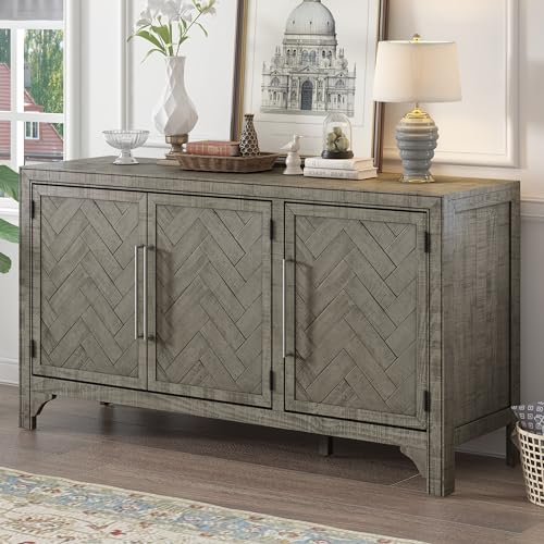 60" Storage Sideboard Cabinet with Metal Handles and 3 Doors, Wood Storage Cabinet with Adjustable Shelves and Decorative Stripe, Sideboard for Living Room, Study, Entrance (Gray-01)