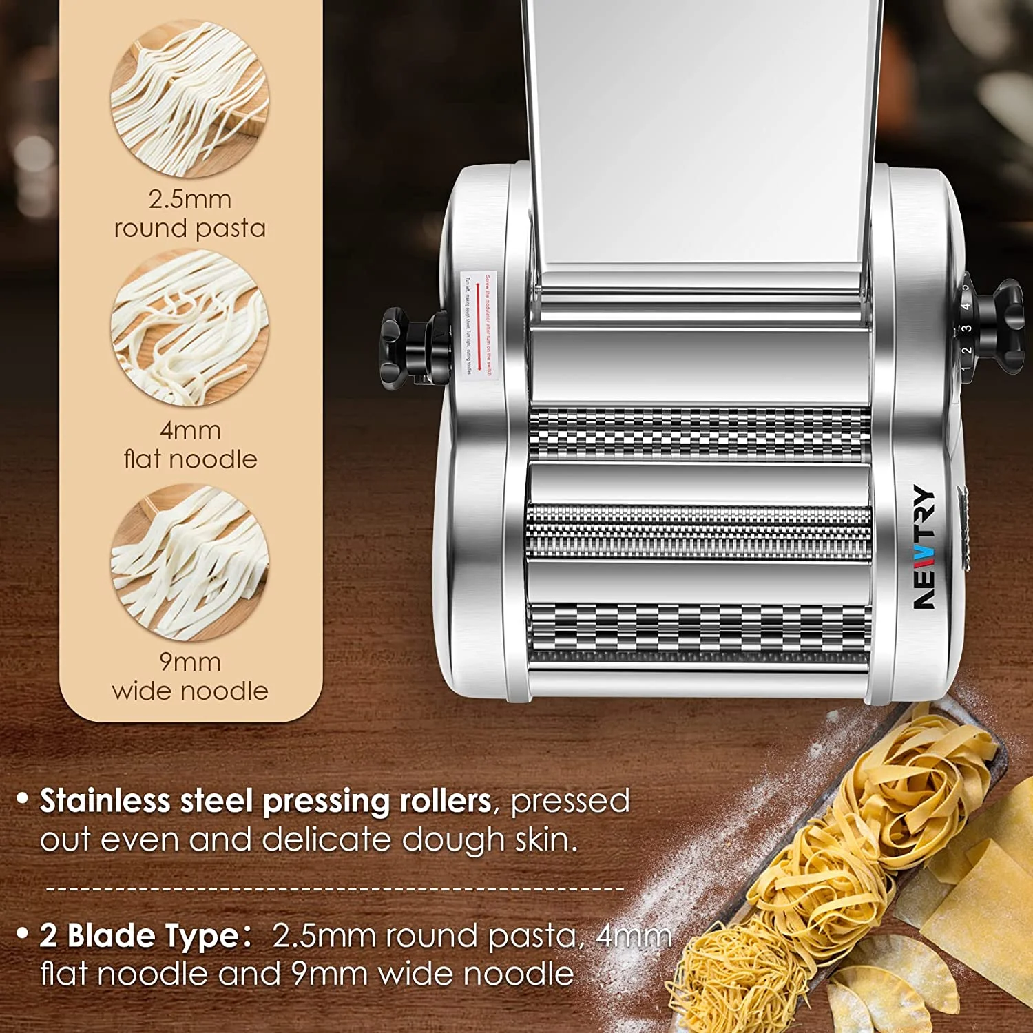 OUWI Electric Pasta Maker Noodle Maker Pasta Making Machine Dough Roller Cutter Thickness Adjustable Stainless Steel US 110V for Family Use 3 Blades Type
