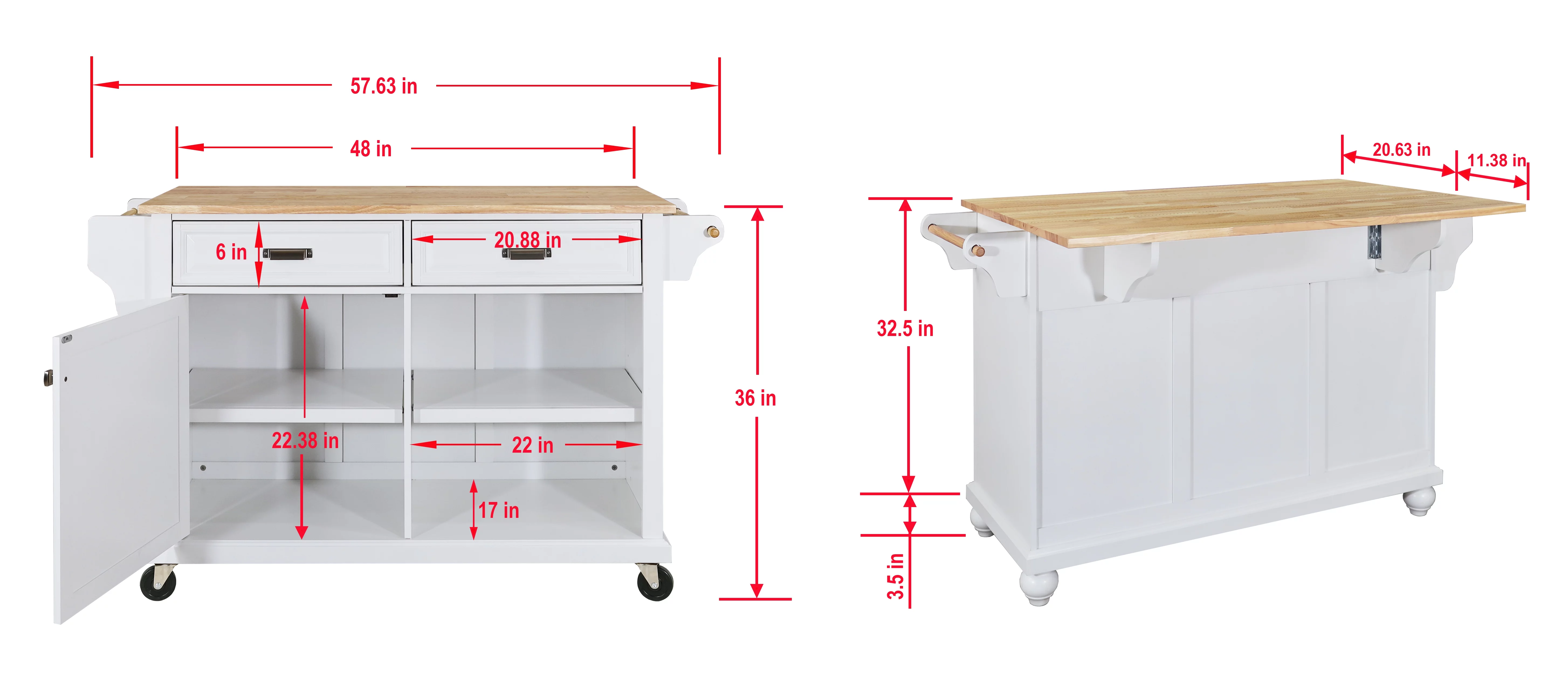 Multi-Functional Storage Island Cart with Rubberwood Countertop and Drop-Leaf, Greenguard Gold Certified, Kitchen Island on Wheels with Large Storage Cabinet,2 Drawers,Spice Rack,Towel Holder, White