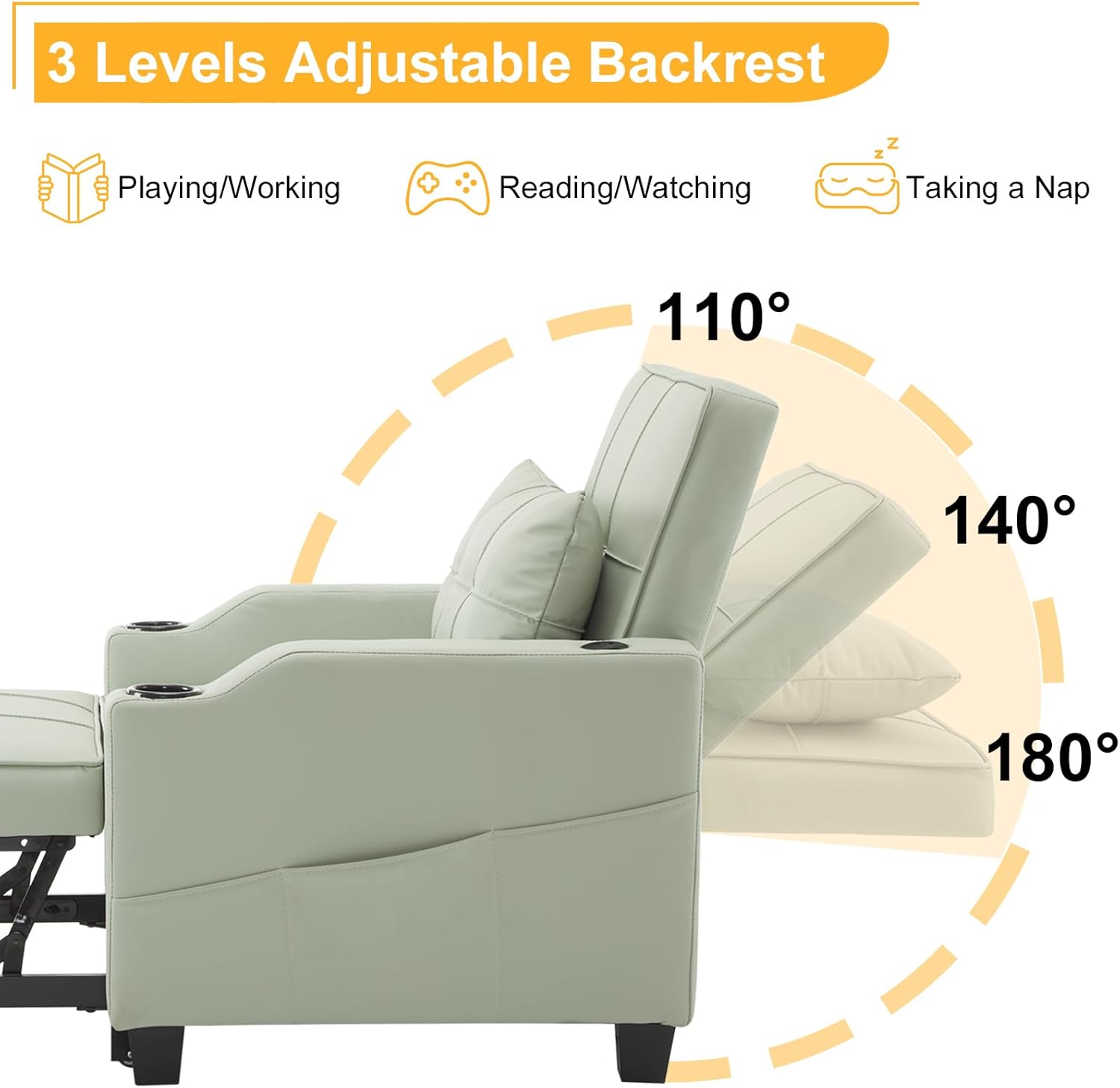 Karl home Sleeper Chair 3-in-1 Pull Out Sofa Bed Convertible Reading Chair with USB/Type C Ports Adjustable Sofa Bed with Cup Holders, PU Leather Mint Green