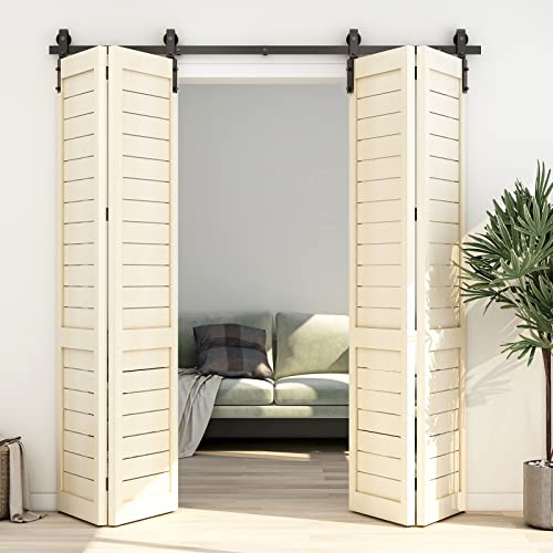 14FT Bi-Folding Sliding Barn Door Hardware Kit for 4 Doors,Slide Smoothly Quietly,Black Track J Shape Roller,No Door