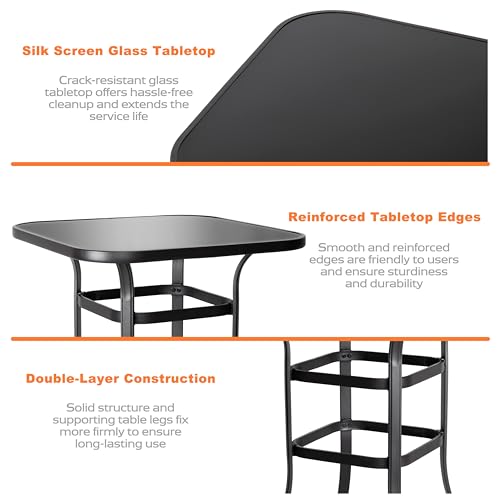 NUU GARDEN 5 Piece Patio Bar Set with Square Silk Screen Bar Height Glass Table and 4 Counter Textilene Height Swivel Chairs for Patio, Yard, Outdoor, Black&Brown