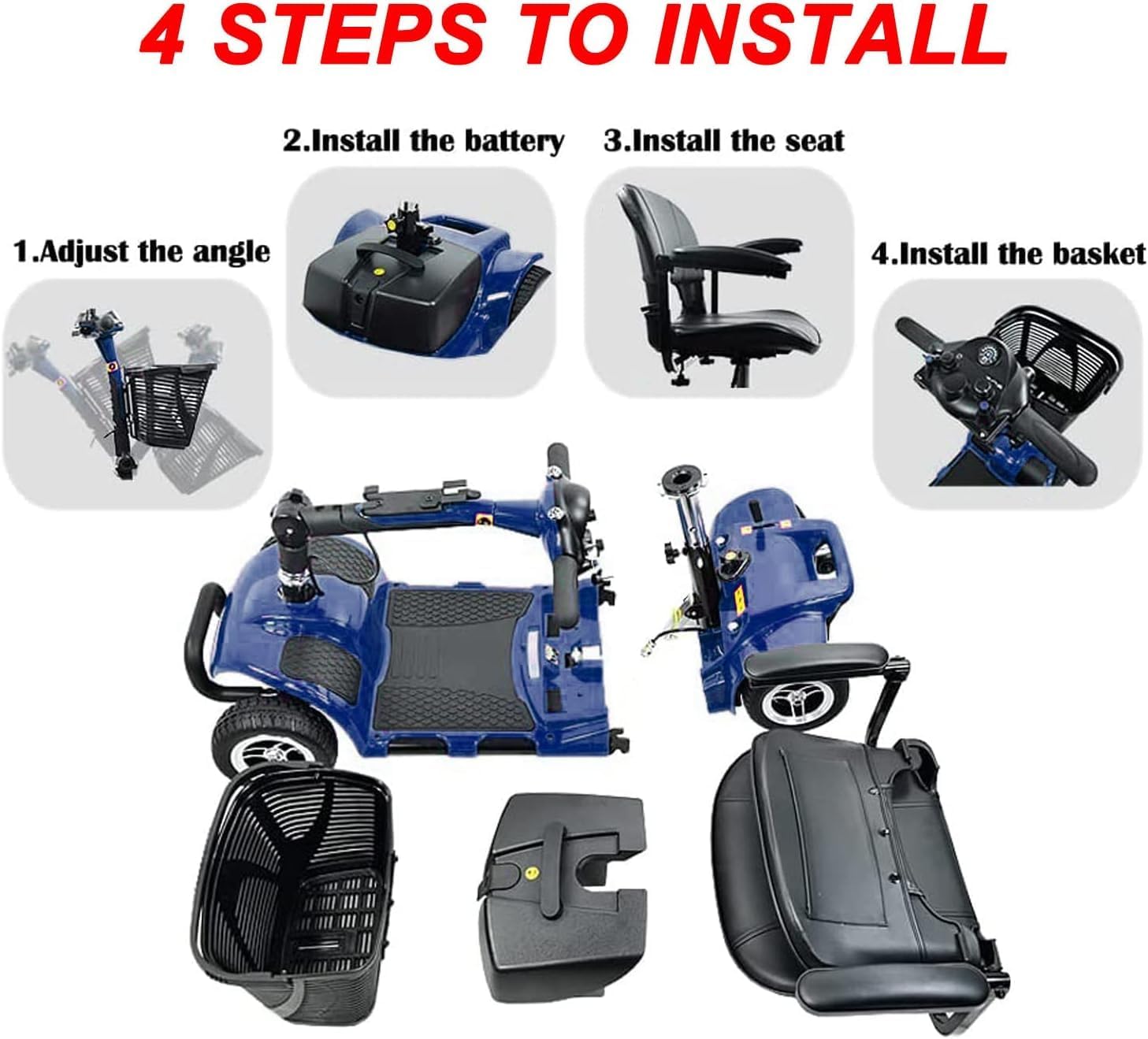 4 Wheel Mobility Scooter, Electric Power Mobile Wheelchair for Seniors Adult with Lights- Collapsible and Compact Duty Travel Scooter w/Basket Blue