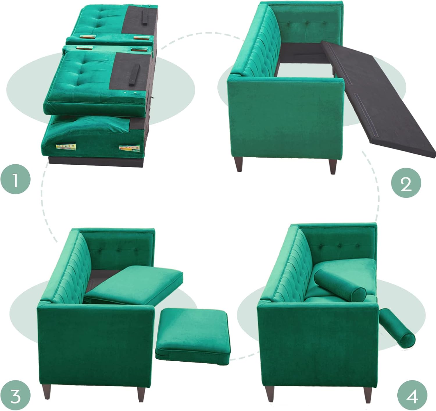 78'' Mid-Century Velvet Sofa, Couch Furniture with Bolster Pillows, Button Tufted Couch for Living Room, Tool-Free Assembly, Green