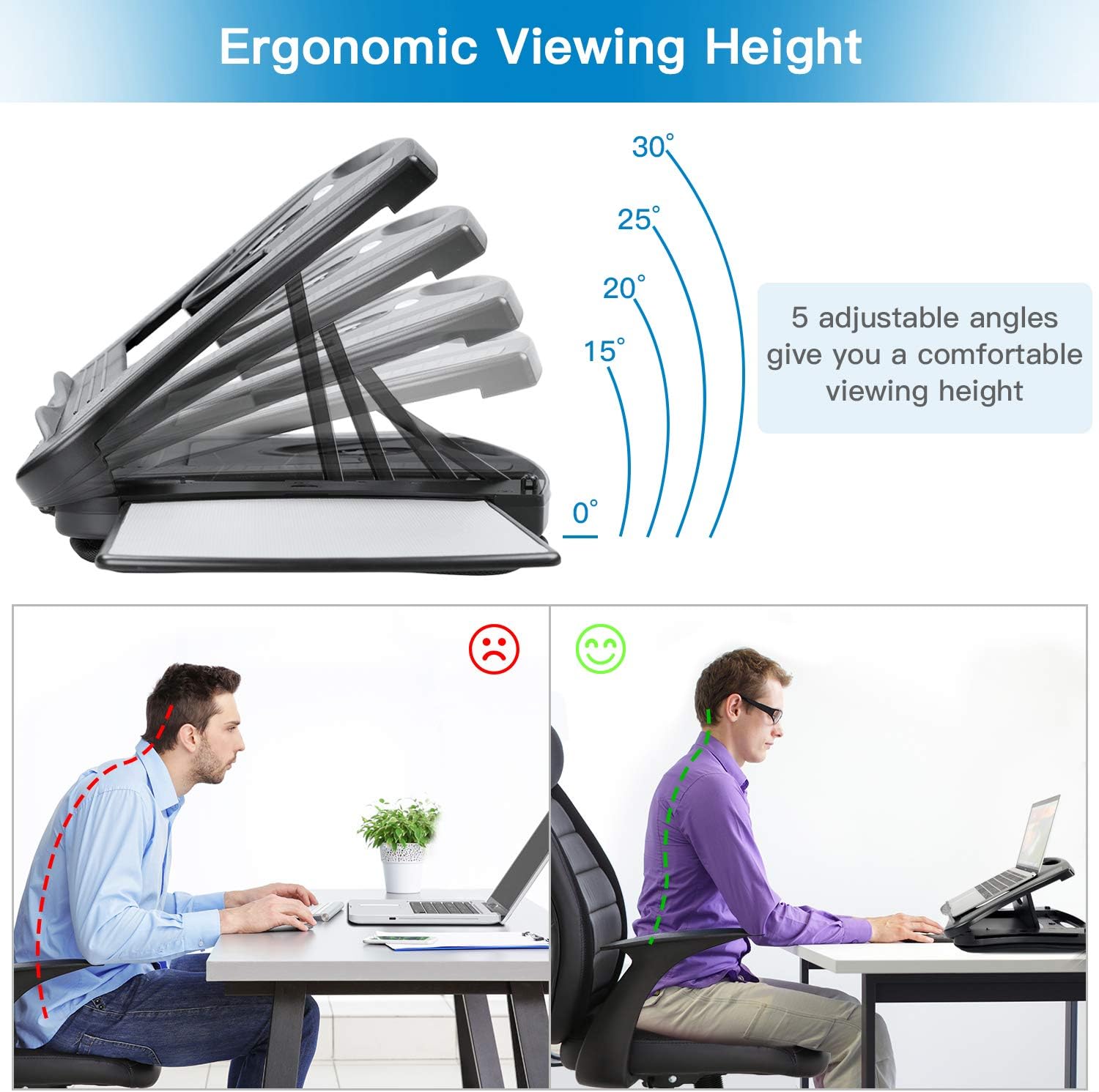 HUANUO Lap Desk with Cooling Fan, Laptop Lap Desk with 5 Adjustable Angles, Laptop Desk Fits 15.6 Inch Laptops, Lap Laptop Stand for Car with Detachable Mouse Pad & Mesh Cushion Lap Desk Writing Board