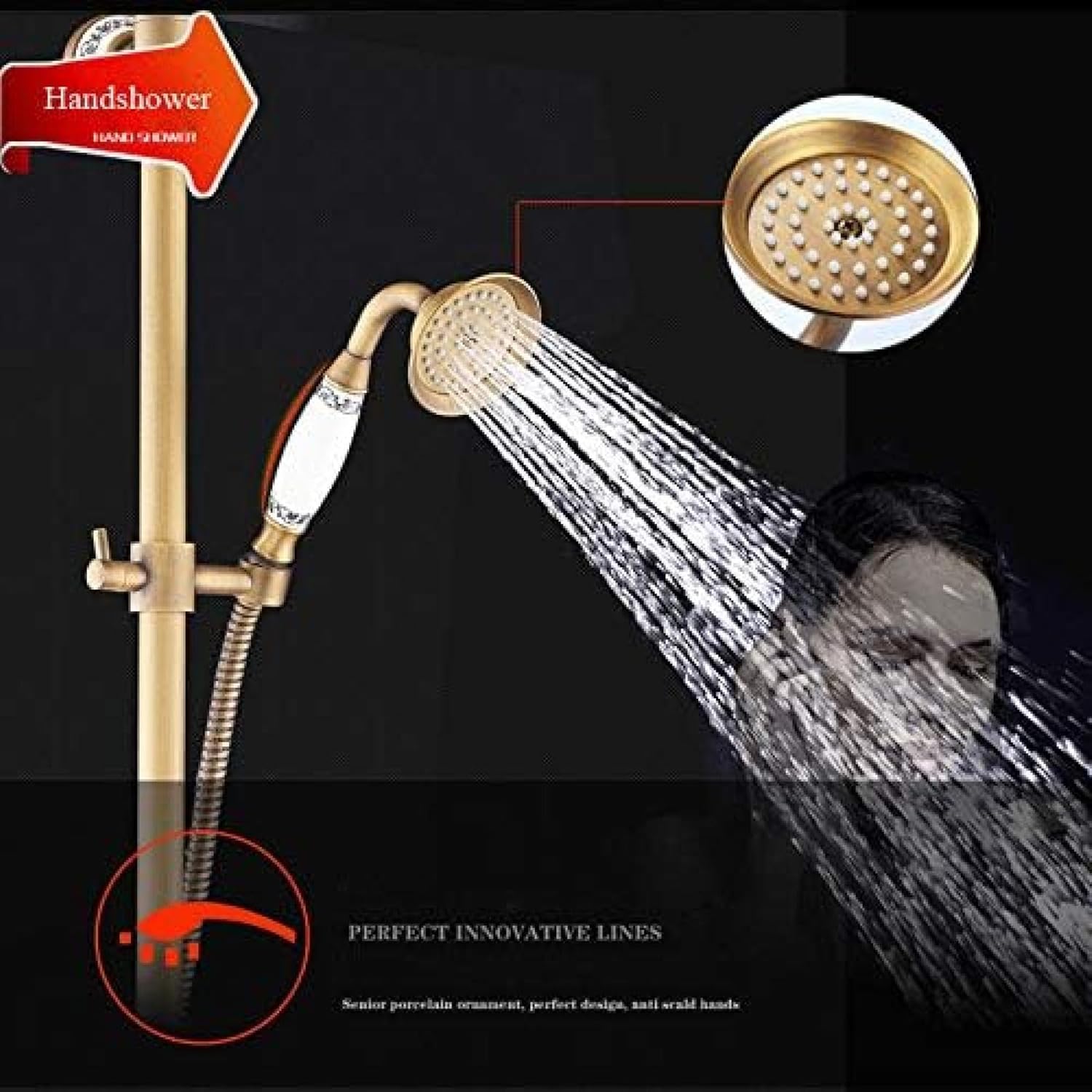Shower System, Wall Mount Outdoor 8" Rain Shower Faucet Set Antique Brass Dual Handles Swivel Tub Spout Bath Shower Mixers + Soap Dish
