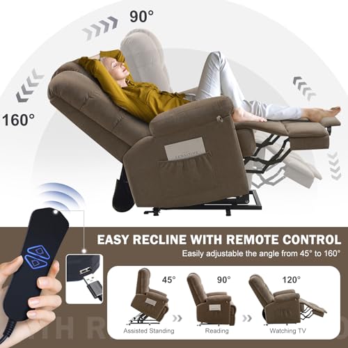 CDCASA Large Power Lift Recliner Chair with Extended Footrest for Big and Tall Elderly, Chenille Electric Lift Chairs with with Massage and Heated, Hand Remote Control w/USB Port,1PC, Grey Blue