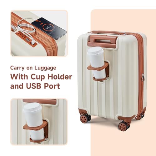 imiomo Luggage Sets 4 Piece Expandable Luggage Set, Hardside Carry on Suitcase with USB Port Cup Holder, Travel Luggage Suitcase with Spinner Wheels TSA Lock, Black Brown
