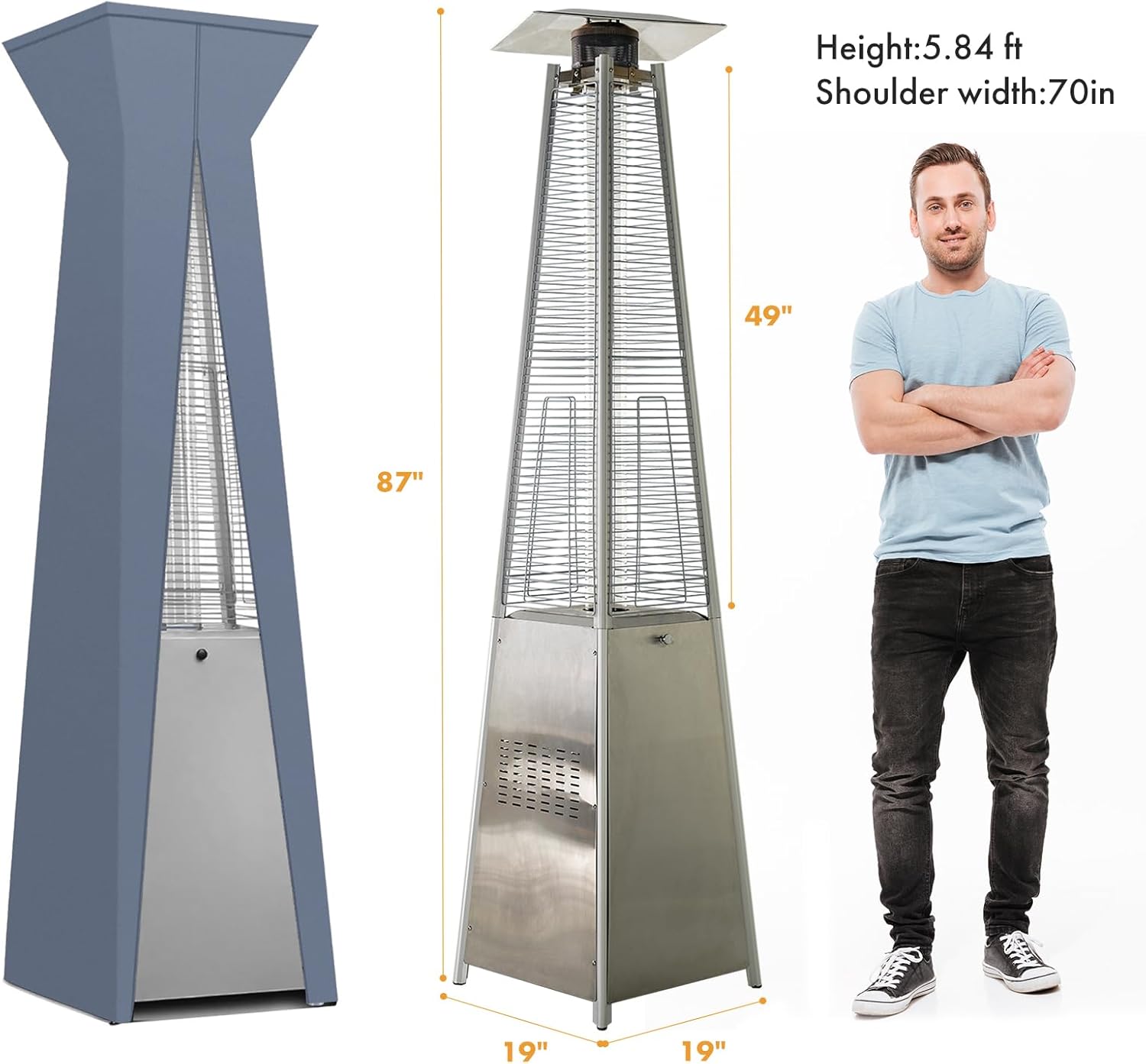 Propane Heater, Outdoor Patio Pyramid Flame Heater with Wheels and Cover, 48000 BTU Portable Propane Heater for Large Space, Outside Party, Backyard and Garden