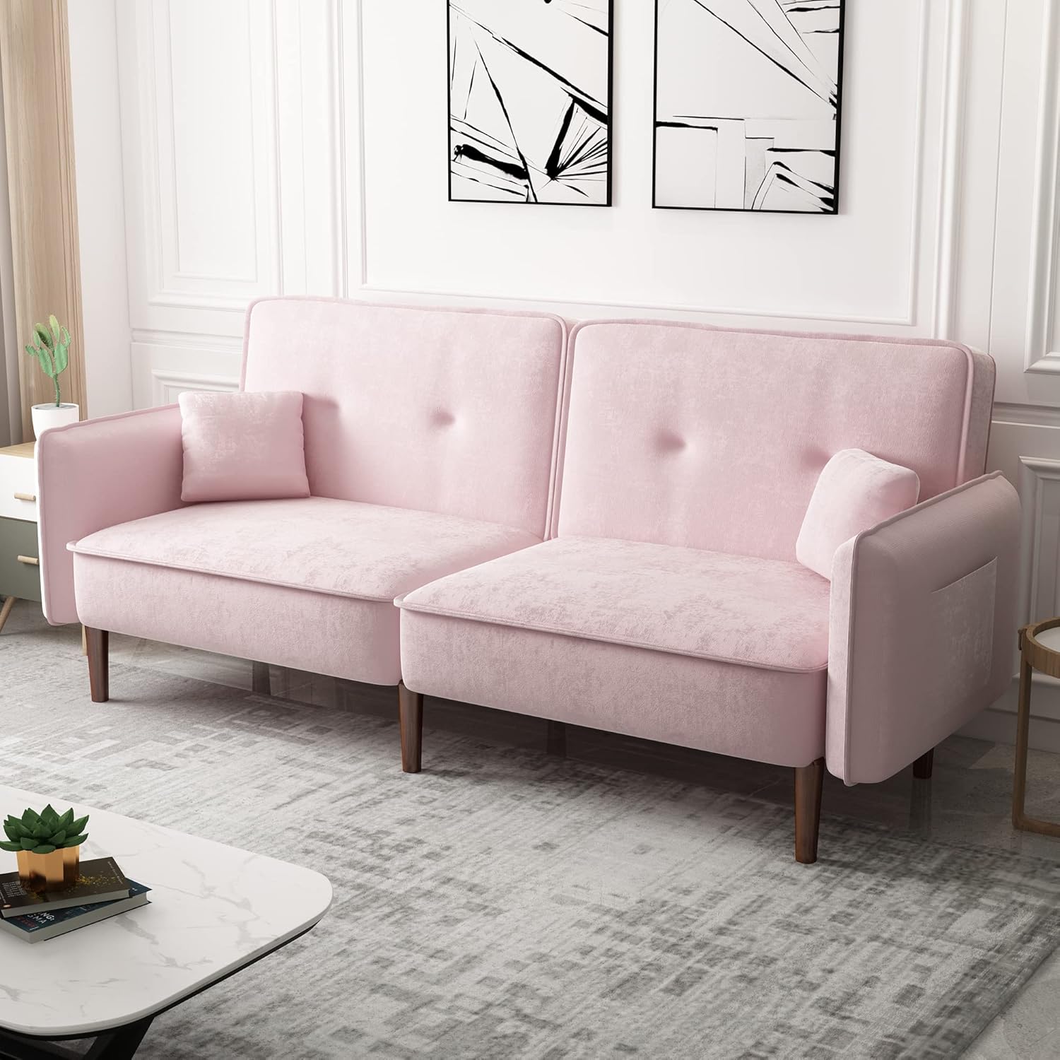 WILLIAMSPACE Futon Sofa Bed, Velvet Convertible Sleeper Sofa with Magazine Bag, Small Splitback Sofa with Tapered Solid Wood Leg, Padded Seat and Back, Loveseat Couch for Living Room, Pink