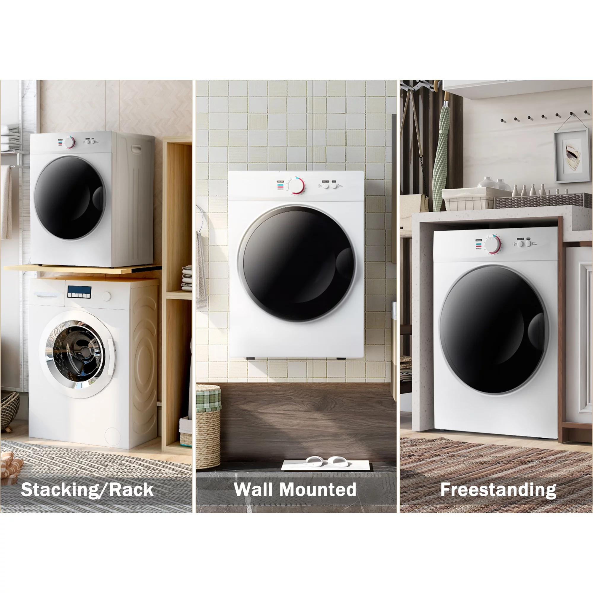 Portable Laundry Dryer With Easy Knob Control for 5 Modes, Stainless Steel Clothes Dryers, for Home, Dorm, Apartment And Rv, Wall Mount Kit Included