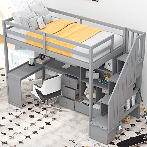 Modern Wooden Full Size Loft Bed with Desk and Shelves,Two Built-in Drawers and Storage Staircase,for Kids Boys Girls Teens Adults Bedroom (Gray@Desk, Full)