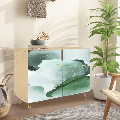 Mid Century Sideboard Buffet Kitchen Storage Cabinet with 2 Doors Realistic Marble Gold White Texture Seamless Abstract Cupboard Console Table Bar Cabinet for Dining Room Hallway