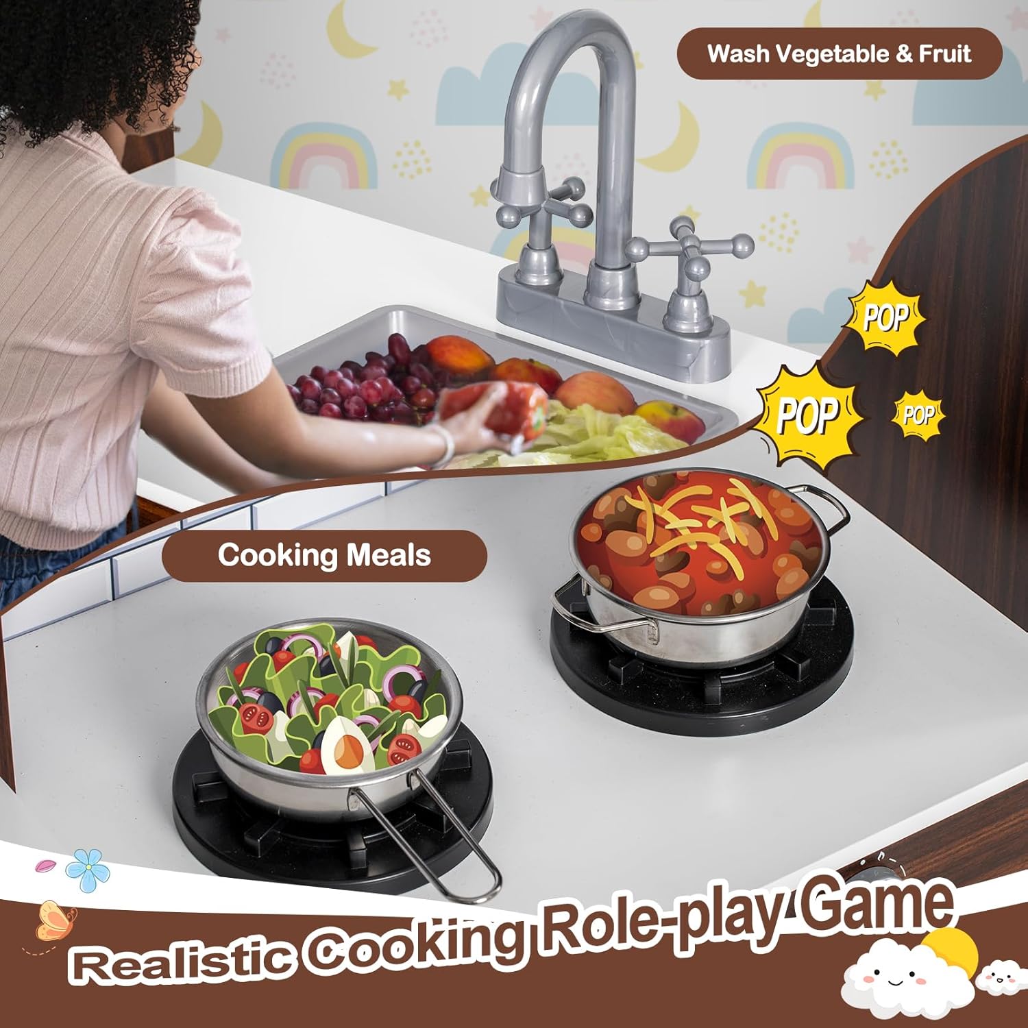 Corner Play Kitchen for Kids, Wooden Toddler Kitchen Playset w/Faucet, Sink, Microwave, Oven, Apron, Blackboard, Storage Cabinets, Pretend Cooking Toys w/Sound & Light Gift for Ages 3+