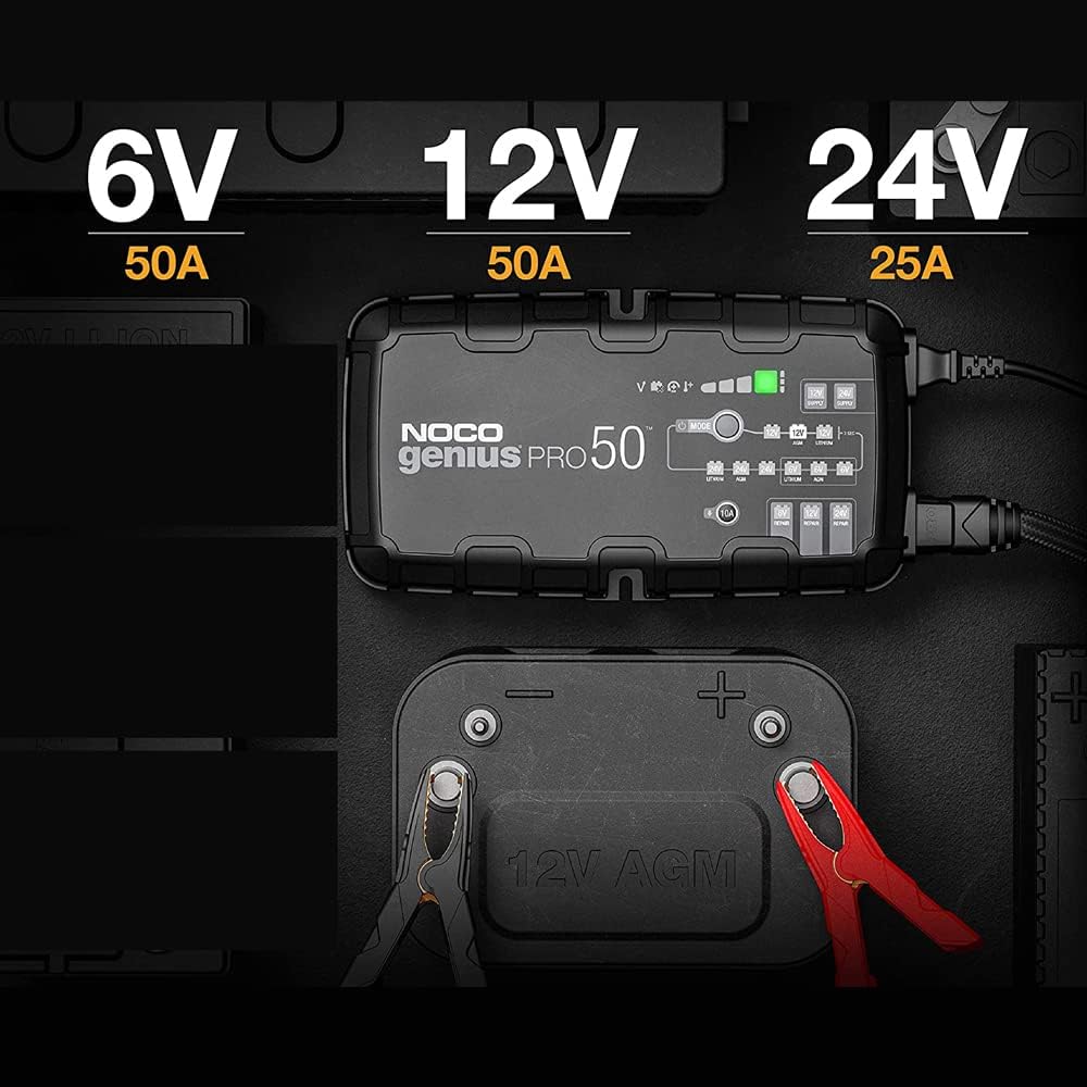 NOCO GENIUSPRO50, 50-Amp Fully-Automatic Professional Smart Charger, 6V, 12V and 24V Battery Charger, Battery Maintainer, Power Supply, and Battery Desulfator with Temperature Compensation