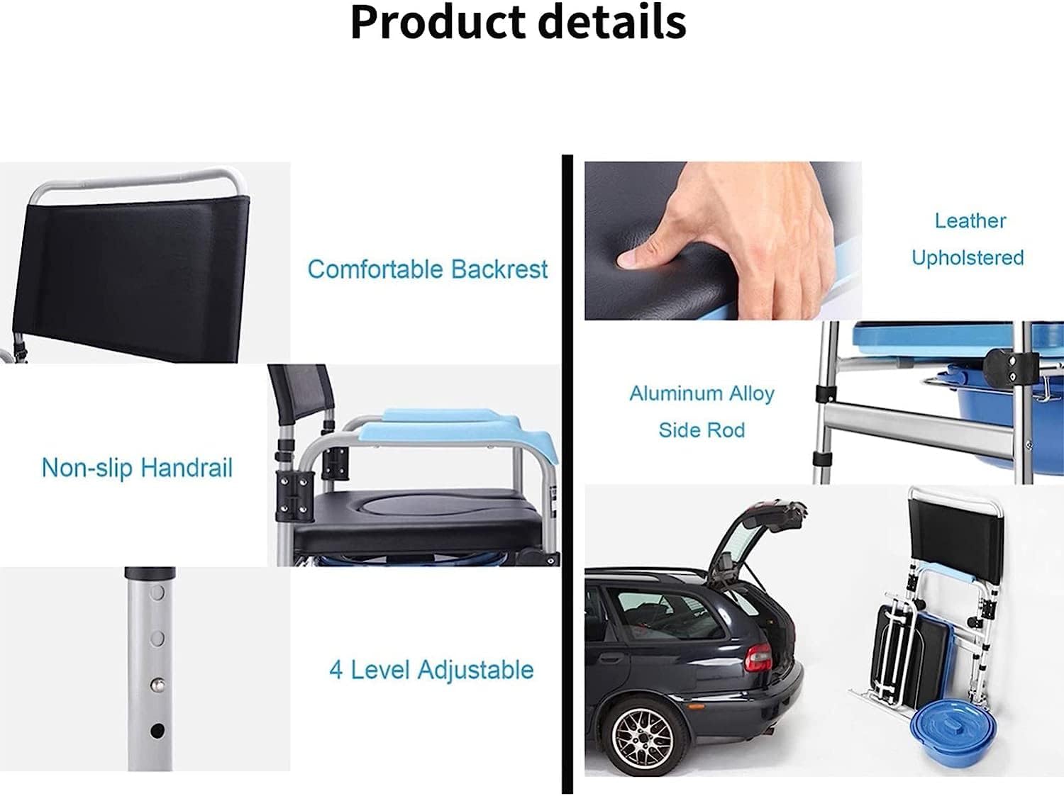 KOHARA Commode eelchair, Lightweight Bedside Commode Portable Toilet Bath Chair with Built-in Toilet for Disabled People The Elderly Others up to 150 Kg Adjustable Height Shower Chair A