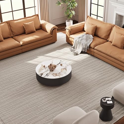 POVISON Modern Round Coffee Table with Storage, Sintered Stone Top Drum Coffee Table with Drawers, Oak Veneer, Circle Coffee Tables for Living Room, 35.43", Fully Assembled
