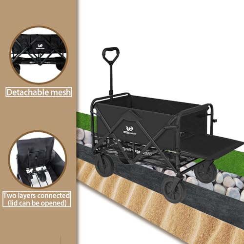 Collapsible Double Decker Wagon with Tailgate, Heavy Duty Foldable Wagon with All-Terrain Big Wheels, Beach Wagon for Camping, Sports, Shopping, Garden Black