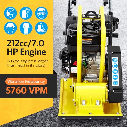Plate Compactor, 7.0HP 212cc Gas Engine 5760 VPM, 4500LBS Compaction Force, 20x15 Inch Plate, Power Vibratory Soil Tamper Compactor Machine, EPA Compliant