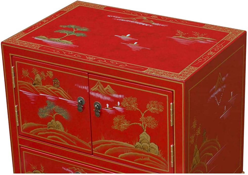 ChinaFurnitureOnline Hand Painted Red Chinoiseries Scenery Motif Oriental Accent Cabinet
