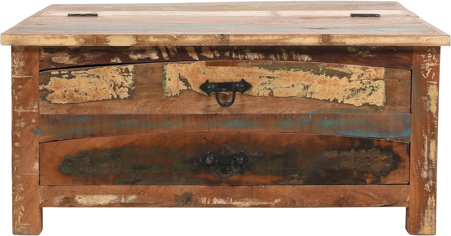 Sundara Furnishings Handcrafted Solid Reclaimed Wood Coffee Table with Two Drawers and Hidden Trunk Storage Rustic Square Center Table for Living Room, Office