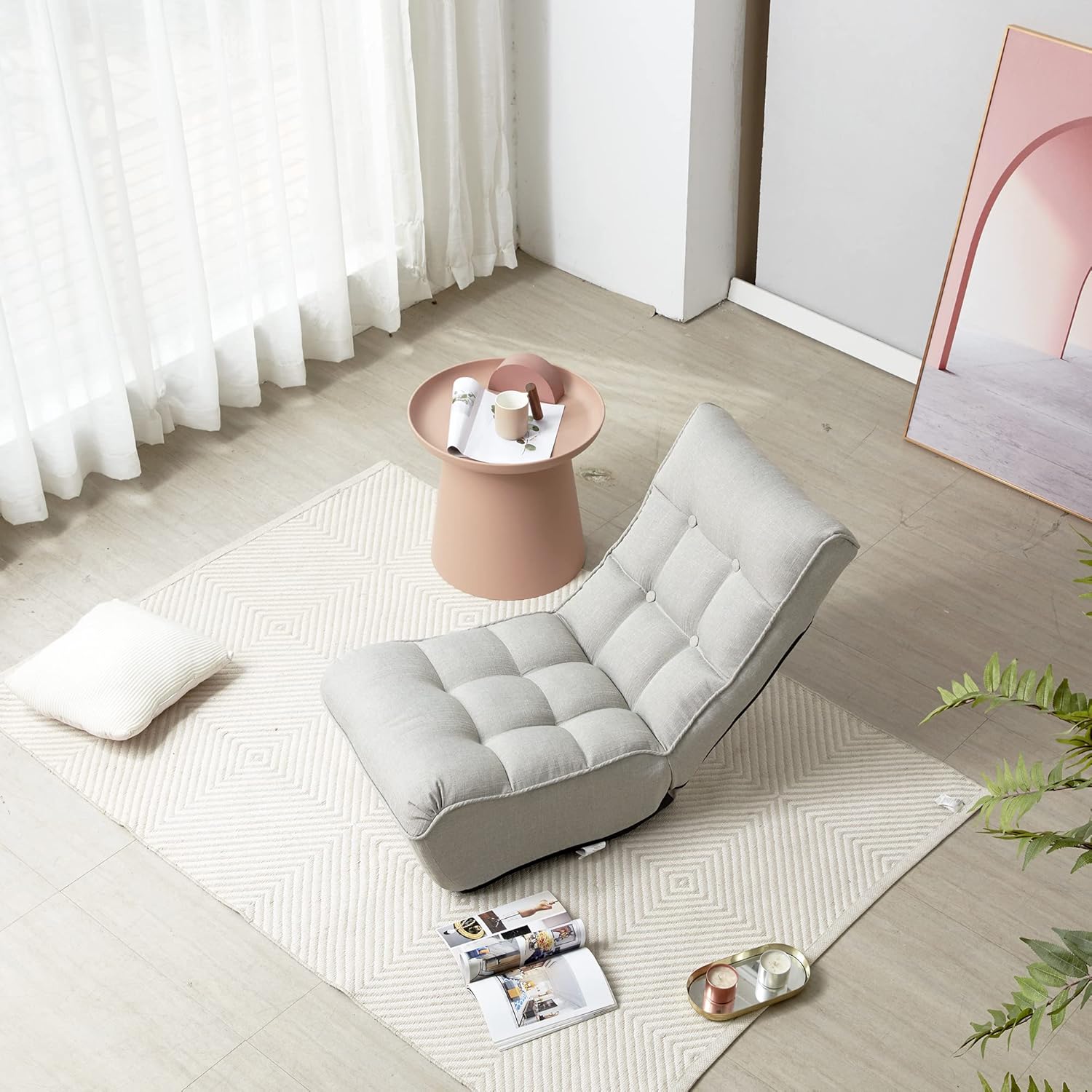 Indoor Chaise Lounge Chair, 3 Angles Adjustable Floor Chair, Cushion Padded Comfy Chair for Living Room and Bedroom, Folding Lazy Sofa Couch for Adults, Grey