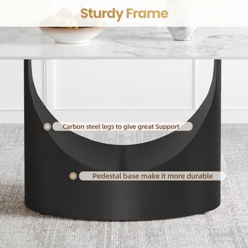 Modern Rectangle Marble Dining Table,63" White Marble Sintered Stone Top Dining Table,Rectangle Dining Room Table with Unique U-Shape Black Carbon Steel Pedestal for Kitchen/Living Room(Table Only)