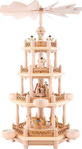 German Christmas Pyramid Nativity Scene, 3-tier, Height 55 cm / 22 inch, Natural with Tealights, Original Erzgebirge by Richard