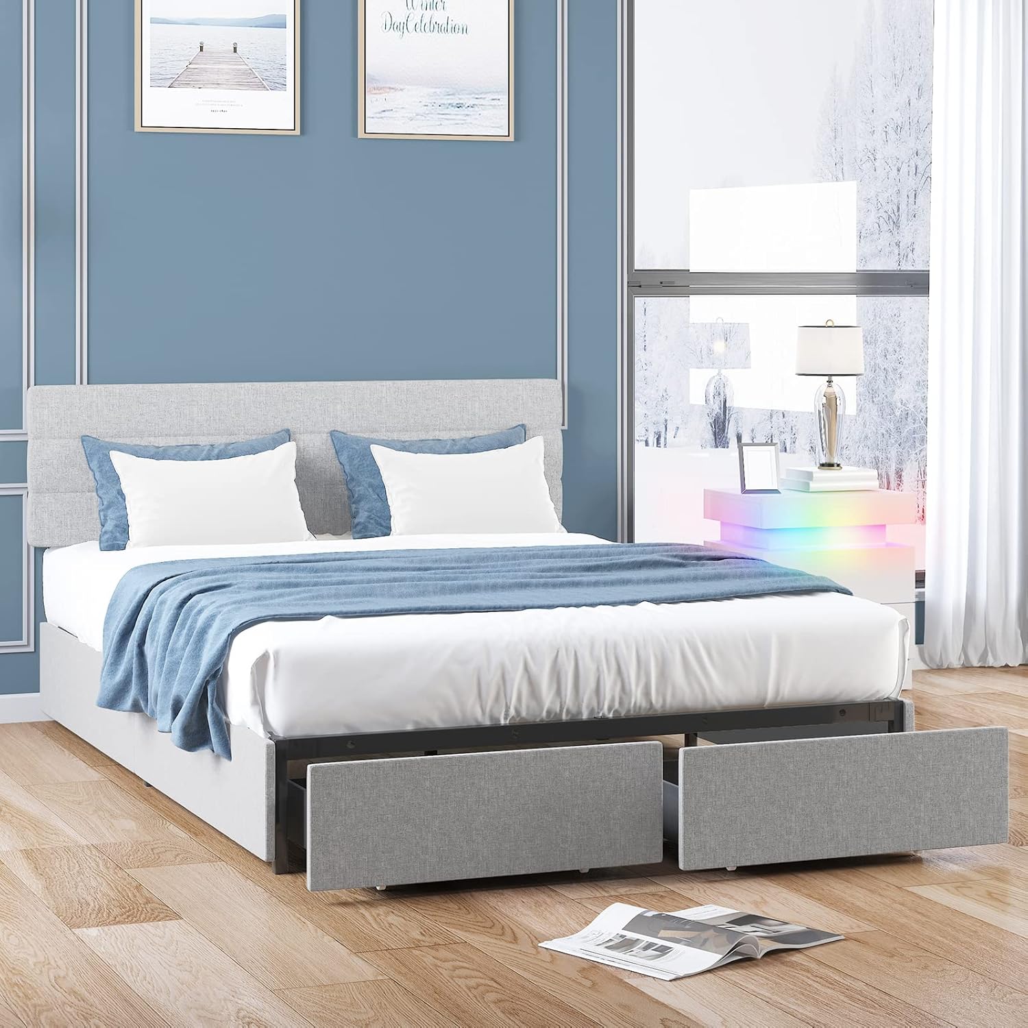 King Bed Frame with 2 Storage Drawers,Platform King Size Bed Frame with Linen Adjustable Headboard,Wooden Slats Mattress Foundation,No Box Spring Needed,Easy Assembly,Light Grey