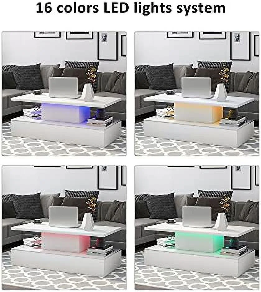RUNFAYBIU Modern Coffee Table with LED Lights  High Gloss Rectangle Coffee Table with 2 Tiers and 16-Color LED Light  47.2 in Cocktail End Table Modern Side/End/Sofa Table for Living Room