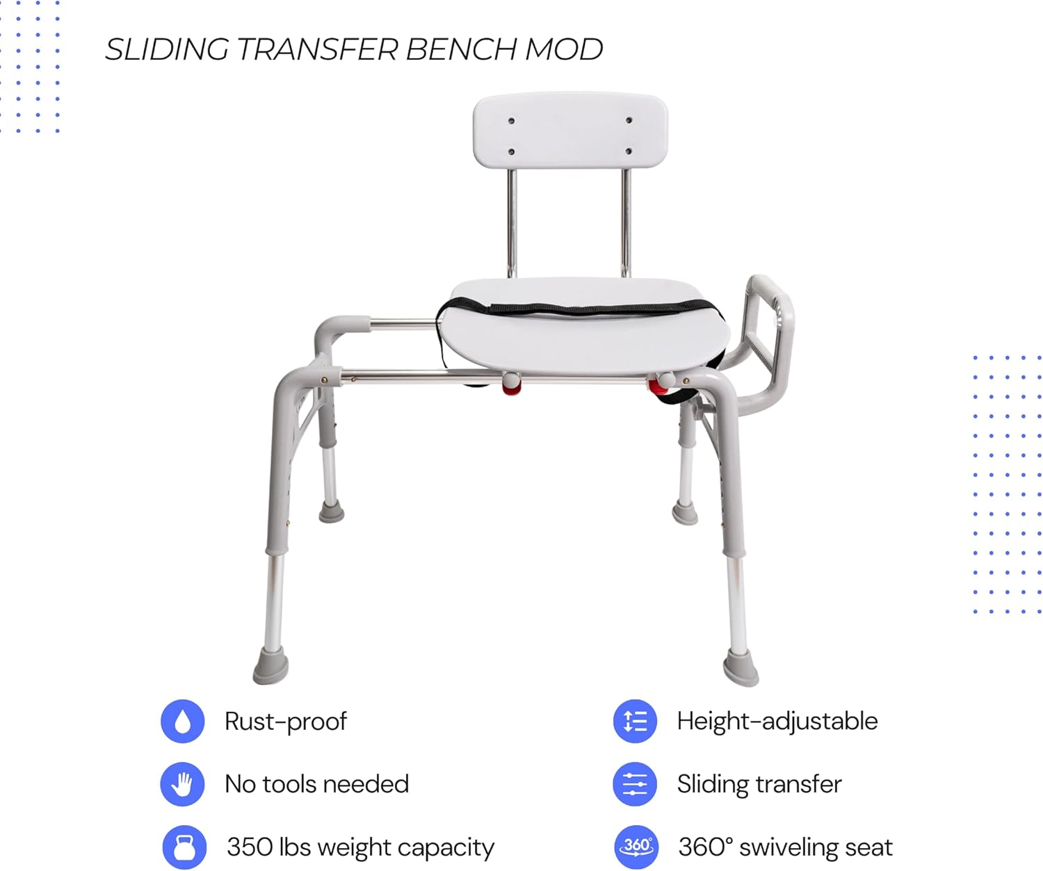 Eagle Health Supplies Sliding Transfer Bench & Tub Shower Chair MOD w/Interchangeable Arm Rest, Height Adjustable, High Weight Capacity up to 350 LBs, for Safety Shower, for Elderly & Disabled (80211)