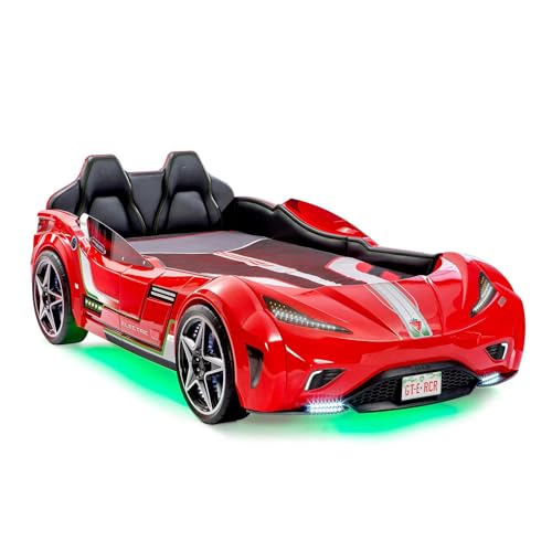 GTS EV Twin Race Car Bed, Remote Control, LED Lights, EV Sound FX, Vegan Leather Interior, License Plate, White