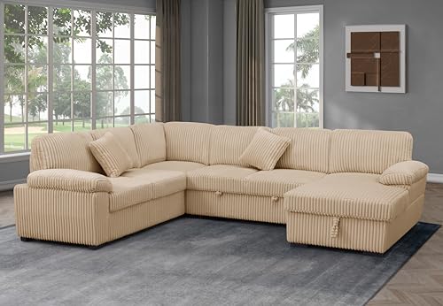 Oversized U-Shaped Sectional Sofa Couch Plush Corduroy Upholstered Modular Deep Seat Sofa&Couch Sectional W/Right Facing Chaise Lounge and 7 Toss Pillows for Home Apartment Living Room Furniture Sets
